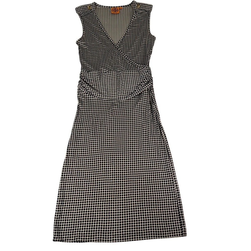 Tory Burch Silk Wrap Dress Womens XS Navy Blue Polka Dot Jersey Preppy Gold Logo